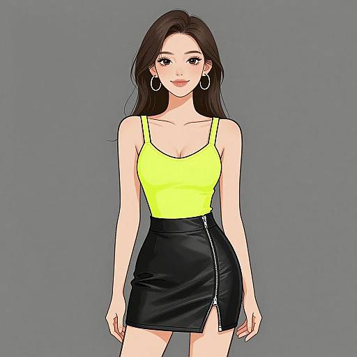 Digital anime-style drawing of a smiling woman with long brown hair, wearing a bright yellow tank top, black leather skirt, and hoop earrings, against a