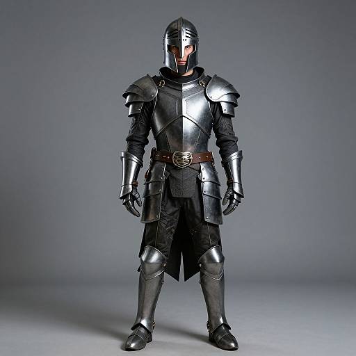 Photograph of a full-armored medieval knight with black steel plate armor, brown leather belt, and silver helmet, standing against a gray gradient background.