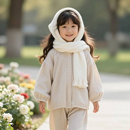 Photograph of a smiling Asian toddler with long black hair, wearing a white knit hat, cream striped pajamas, and white scarf, standing in a