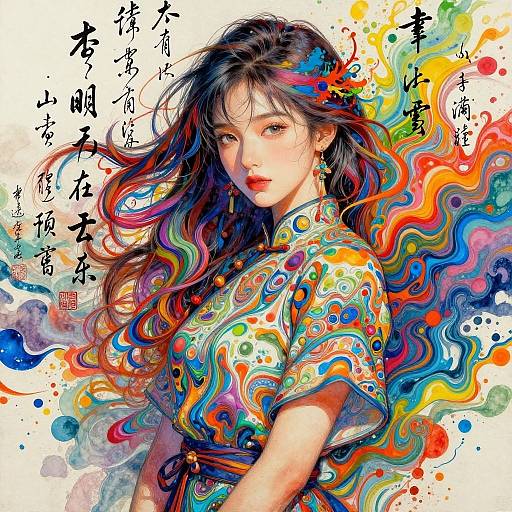 Digital painting of an Asian woman with long, flowing, multi-colored hair, wearing a vibrant, patterned shirt, surrounded by abstract, colorful swirls