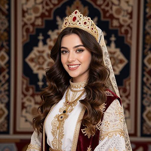 Photorealistic portrait of a smiling woman with long, wavy brown hair, wearing an ornate gold crown, lace veil, and elaborate gold and