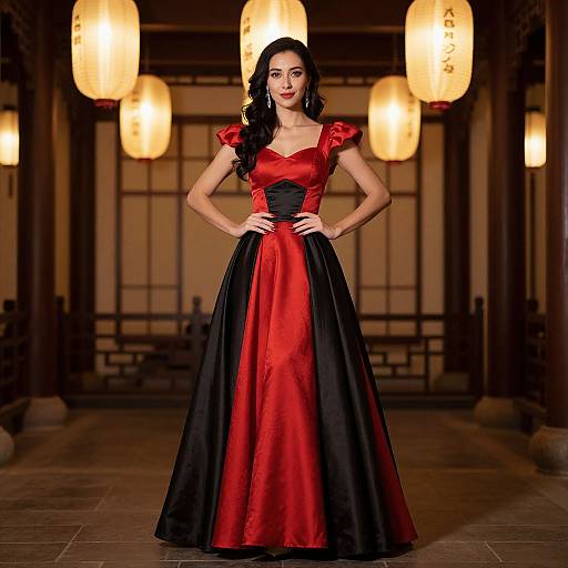 Photograph of a slender woman with long black hair, wearing a red and black satin ball gown, standing confidently in an Asian-style room with warm,