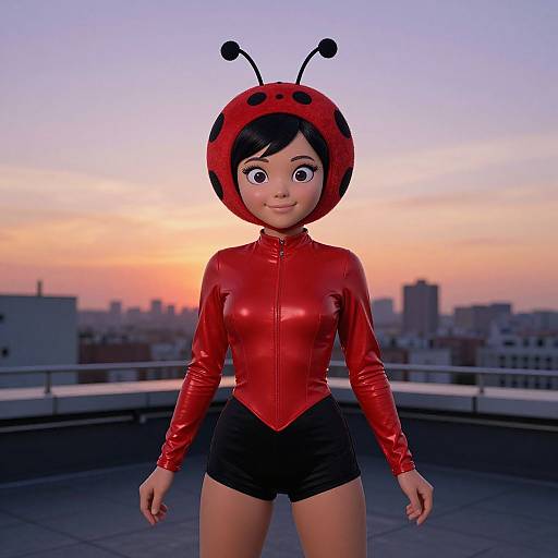 Whimsical Ladybug Girl at Sunset