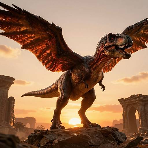 Digital artwork of a fierce, winged dinosaur with glowing orange eyes and sharp teeth, standing on rocks at sunset, ruins in the background.