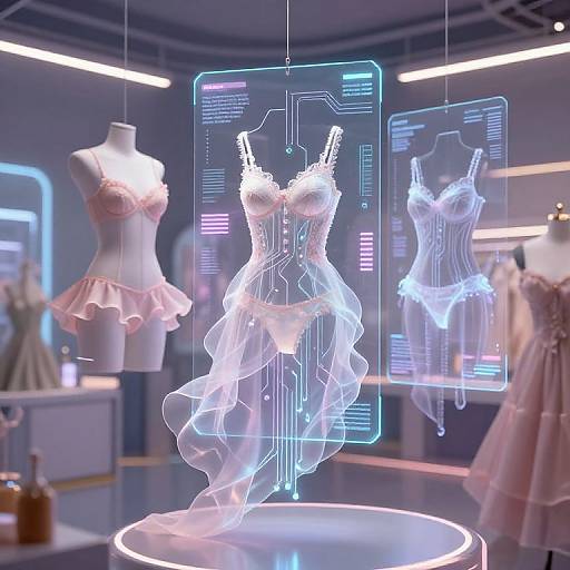 Neon-lit, futuristic boutique display featuring glowing, holographic dresses with intricate details, surrounded by real, pink, ruffled dresses on manne