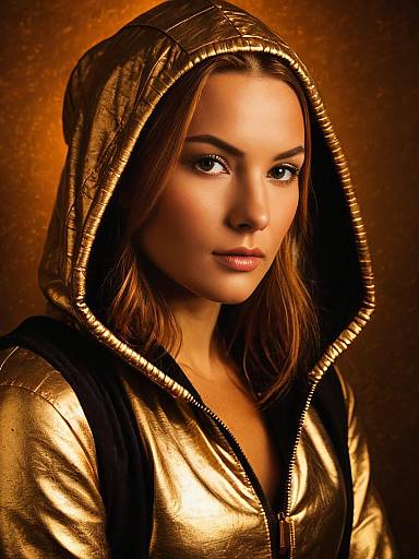 Woman in Gold Metallic Hoodie with Hood Up