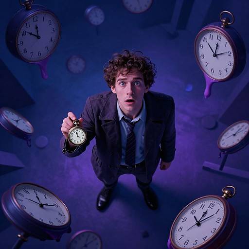 Photograph of a surprised man with curly brown hair, wearing a black suit and tie, holding a pocket watch, surrounded by floating clocks in a blue