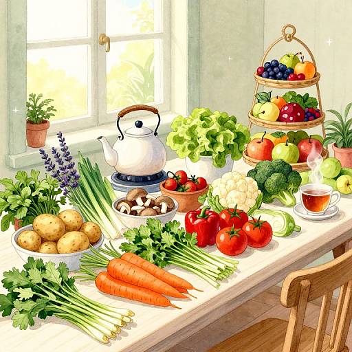 Bright kitchen scene with colorful vegetables, white kettle, fruit tier, sunlit window, wooden chair, and tea cup on a white countertop.