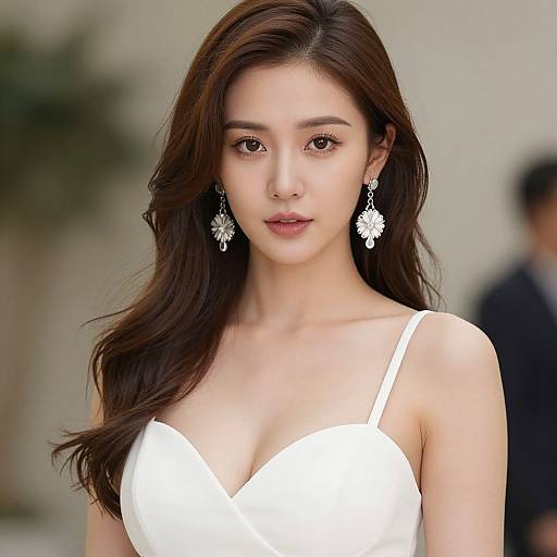 Photograph of a young Asian woman with long brown hair, wearing a white, V-neck dress, and sparkling floral earrings, standing outdoors with a blurred