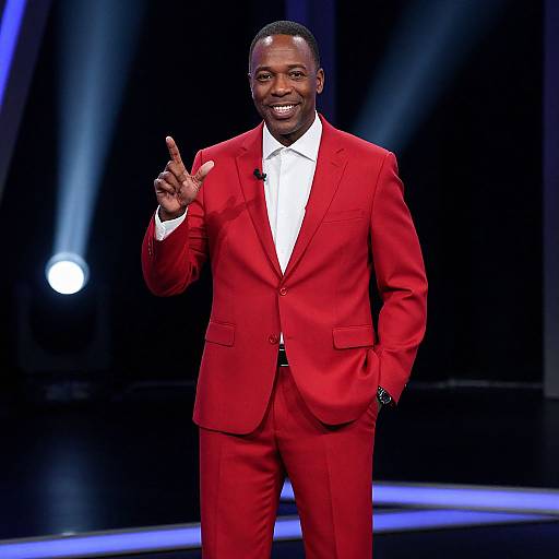 Photograph of a smiling Black man in a vibrant red suit and white shirt, pointing with his right hand, standing on a blue-lit stage.