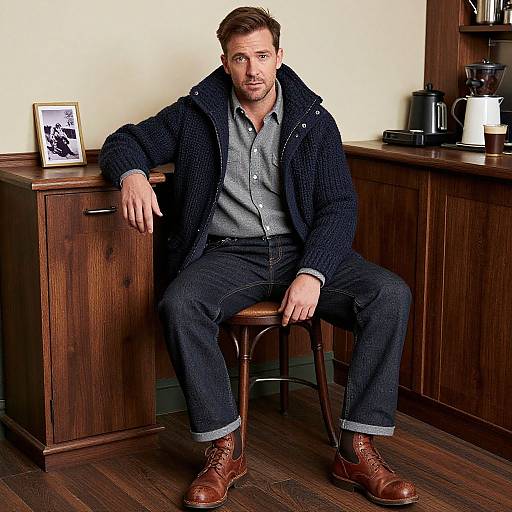 Photograph of a bearded man with short brown hair, wearing a navy knit jacket, grey shirt, and dark jeans, sitting in a wooden kitchen