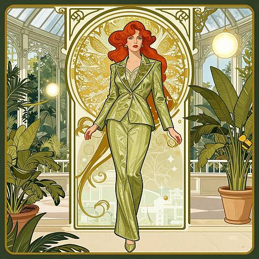 Digital illustration of a red-haired woman in a green patterned suit walking confidently in a sunlit, ornate greenhouse with large plants and glowing orbs.
