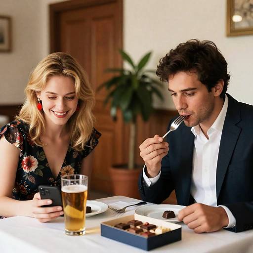 Happy Couple Dining in Elegant Restaurant