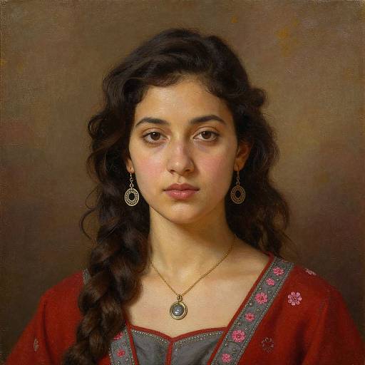 Digital painting of a young woman with long, wavy dark hair, brown eyes, and fair skin, wearing a red dress with pink floral embroidery,