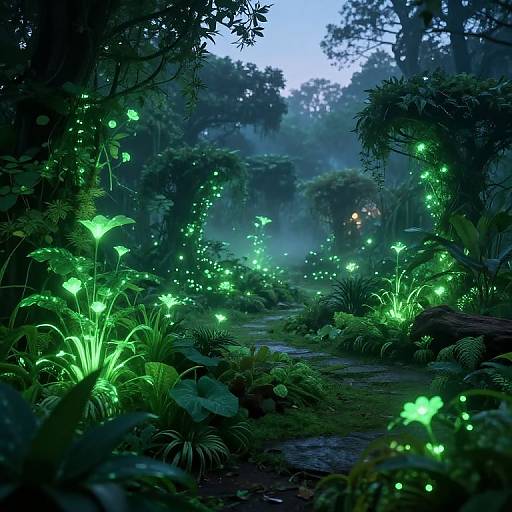 Digital illustration of a mystical forest at dusk, illuminated by glowing green fireflies and bioluminescent plants along a misty, winding path.