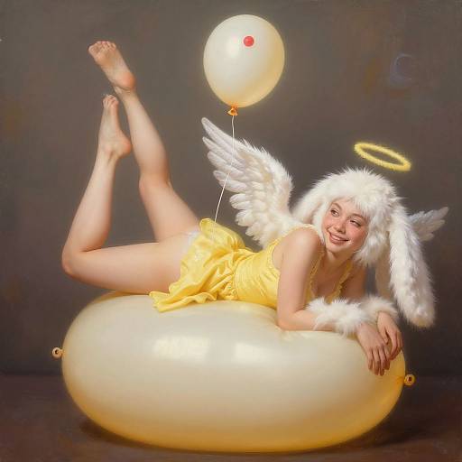Photograph of a smiling young woman with angel wings, white fur halo, yellow dress, lying on a glowing balloon, holding a white balloon with red