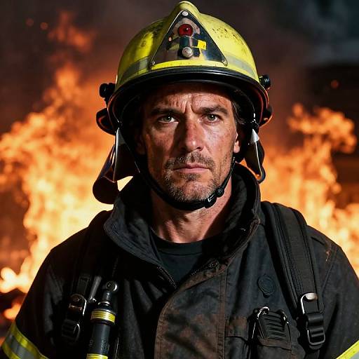 Photograph of a serious, bearded male firefighter in yellow helmet and black gear, with intense gaze, standing against a backdrop of bright, roaring flames