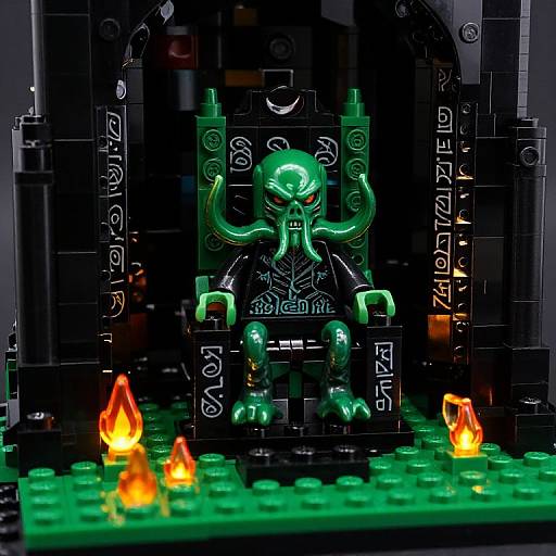 Photograph of a Lego minifigure with green glowing skin, skull mask, horns, and black outfit, seated on a black throne with glowing runes