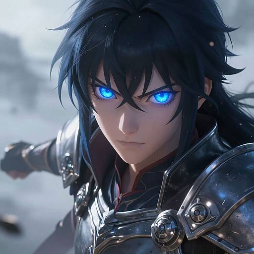 Digital anime-style portrait of a fierce, blue-eyed young man with black hair and metallic armor, glowing intensely against a snowy background.
