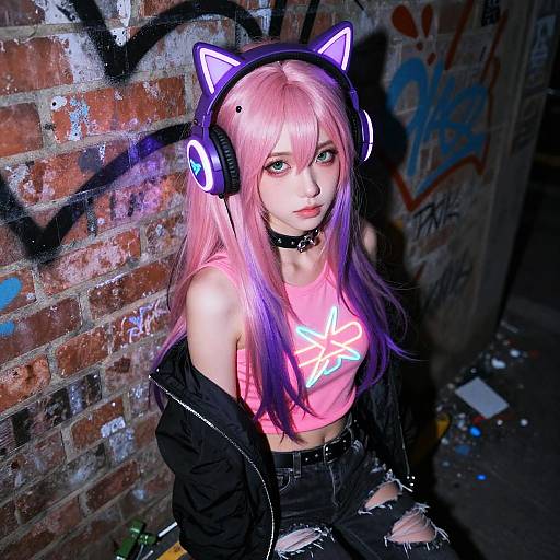 Photograph of a pink-haired anime girl with cat ear headphones, pink crop top, black jacket, and ripped jeans, standing against a graffiti-covered brick