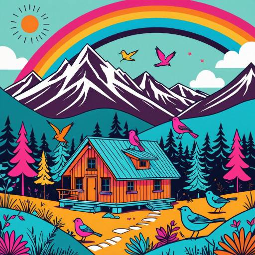 Colorful Cartoon Mountain Cabin with Birds and Rainbow