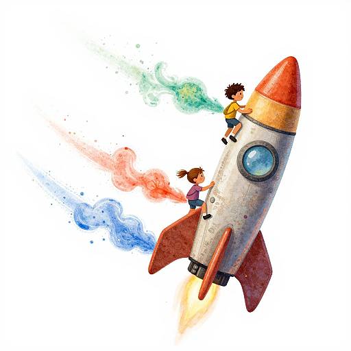 Colorful digital illustration of two children riding a rocket with red nose, white body, and multicolored exhaust trails; one boy in yellow shirt,