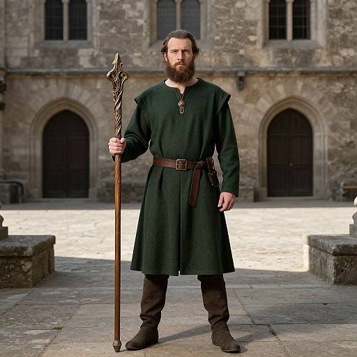 Photograph of a bearded man with long brown hair, wearing a dark green medieval tunic, brown belt, and boots, holding a wooden staff
