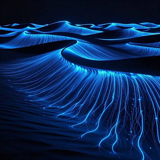 Digital abstract art featuring glowing blue wave-like lines with intricate, flowing patterns on a dark black background, creating a neon, futuristic effect.