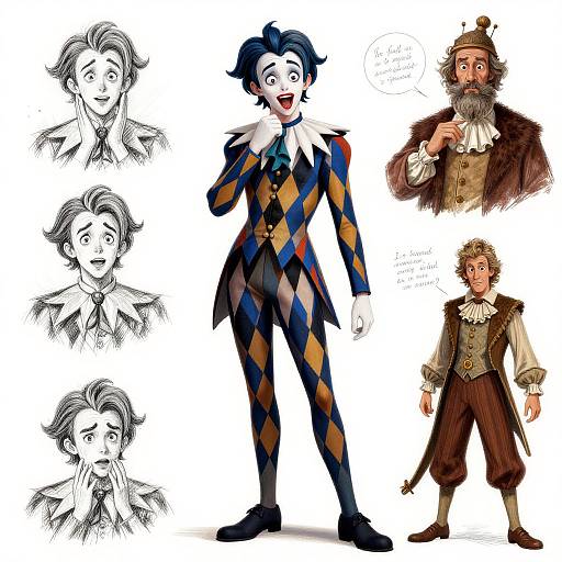 Digital illustration of a colorful clown with diamond-patterned suit, various sketches, and two other characters: a bearded man and a young boy.