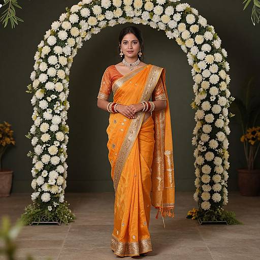 Woman in Orange Sari with Floral Arch