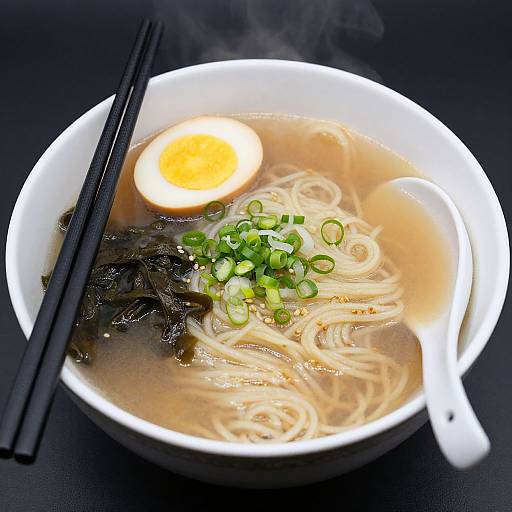 Photograph of steaming hot ramen in a white bowl with noodles, egg, green onions, seaweed, and black chopsticks on a black surface
