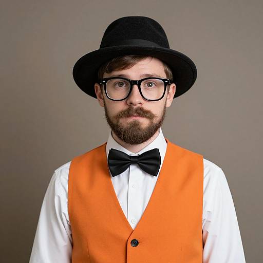 Photograph of a bearded man with glasses, black bowler hat, orange vest, black bowtie, white shirt, against a gray background.