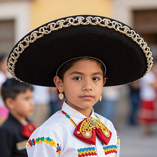 Young girl with tan skin, wearing a large black sombrero, white embroidered blouse, red bow, gold earrings, and intricate brooch, stands confidently