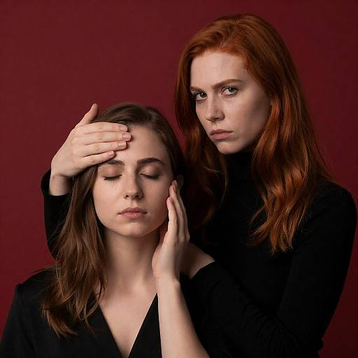 Intense Connection Against Red Backdrop