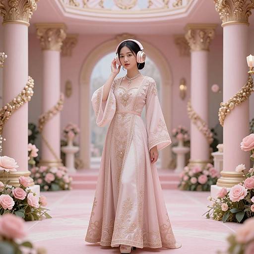 Elegant Asian woman in a pink, ornate traditional dress stands in a luxurious, flower-filled, columned hall with soft pink and gold decor.