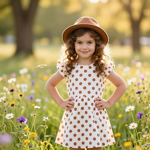Young girl with curly brown hair, wearing a brown hat and white polka dot dress, stands confidently in a sunlit meadow filled with colorful wild
