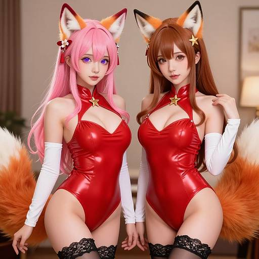 Digital artwork of two anime-style women with fox ears and tails, wearing red latex leotards, white gloves, and black lace thigh-highs.