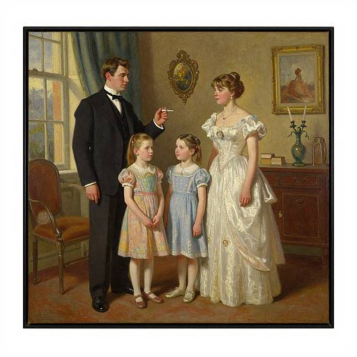 Vintage Family Portrait Oil Painting