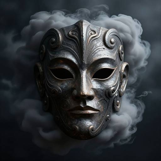 Digital artwork of a silver, ornate masquerade mask with swirling patterns, floating amidst swirling white smoke against a dark blue background.