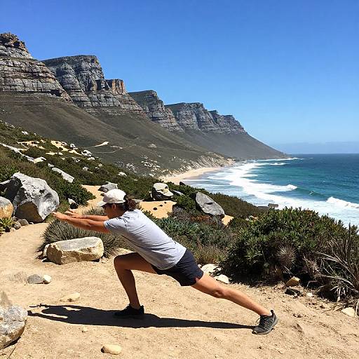 Photograph of a woman in white shirt and black shorts, wearing a hat, stretching on a rocky coastal trail with dramatic cliffs and ocean waves in the