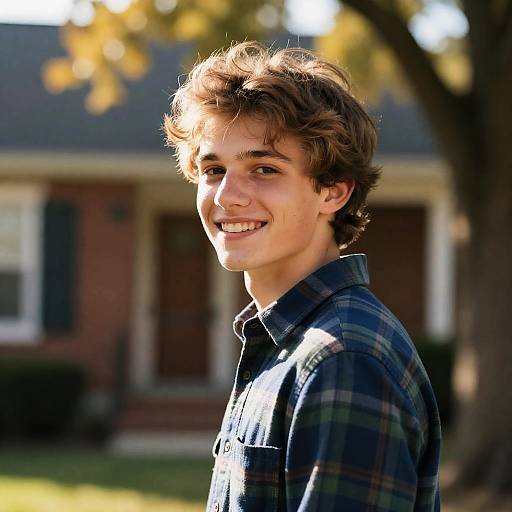 Smiling Young Man in Plaid Shirt Outdoors