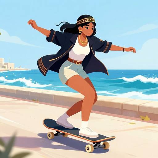 Digital illustration of a black woman with long hair, wearing a headband, black jacket, white top, high-waisted shorts, and white socks