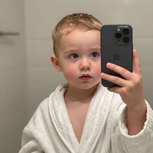 Photograph of a young boy with light brown hair, blue eyes, and fair skin, taking a selfie in a mirror wearing a white bathrobe,