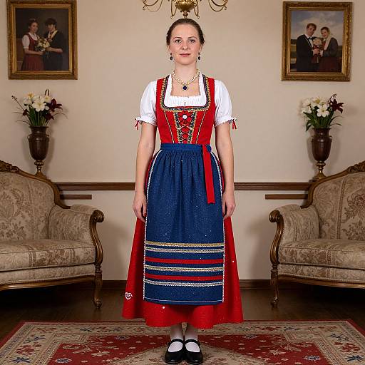 Photograph of a young woman in traditional Eastern European folk dress, standing in a formal living room with vintage furniture and framed portraits.