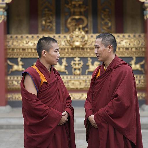 Buddhist Monks at Ornate Temple Wall