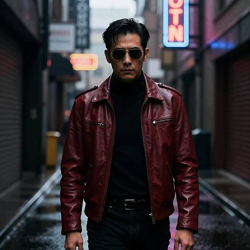 Noir Detective in Crimson Leather Jacket