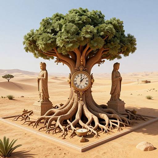 Photorealistic digital art: Tree with clock, roots like snakes, flanked by stone statues, in a desert landscape, clear blue sky.
