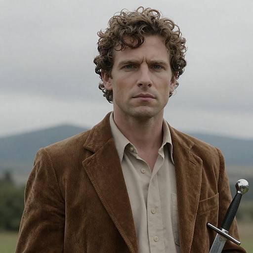 Serious Man in Nature with Sword