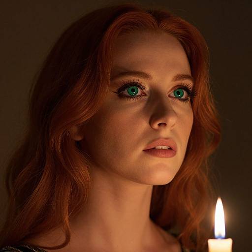 Close-up photograph of a red-haired woman with striking green eyes, illuminated by a single candle, showing a serious expression.