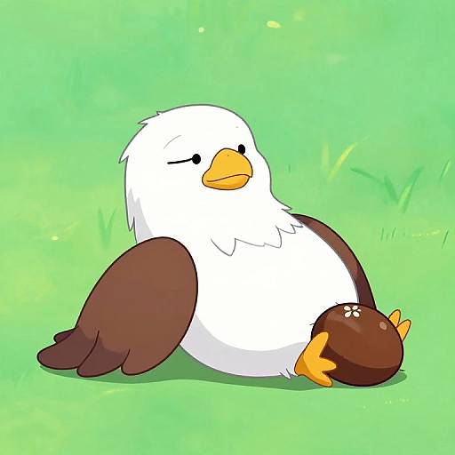 Digital cartoon of a white and brown bird with closed eyes, sitting on bright green grass, holding a brown egg with an orange beak.
